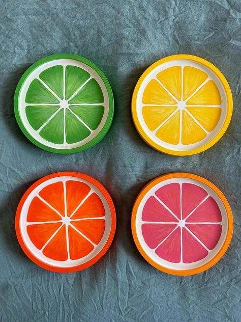 Livmasss - Etsy Clay Fruit Coasters, Painting Coasters Ideas, Ceramic Coaster Ideas, Painted Coasters Diy, Hand Pottery Ideas, Clay Coasters Diy, Diy Clay Coasters, Coaster Painting Ideas, Citrus Coasters