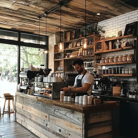 Coffee Shop Office Design, Country Coffee Shop Interior Design, Coffee Shop Style Kitchen, Modern Rustic Coffee Shop, Vintage Coffee Shop Decor, Coffee Shop Set Up, Rustic Cafe Design, Cozy Coffee Shop Aesthetic Vintage, Old Shop Aesthetic