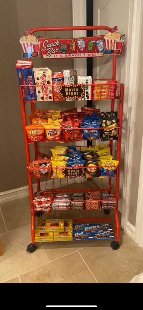 Movie Night Bar Cart, Nursing Home Snack Cart Ideas, Diy Snack Station Bedroom, Snack Stand Display, Diy Snack Stand, Movie Snack Cart, Snack Shelf Organization, Snack Rack Ideas, Teen Snack Bar