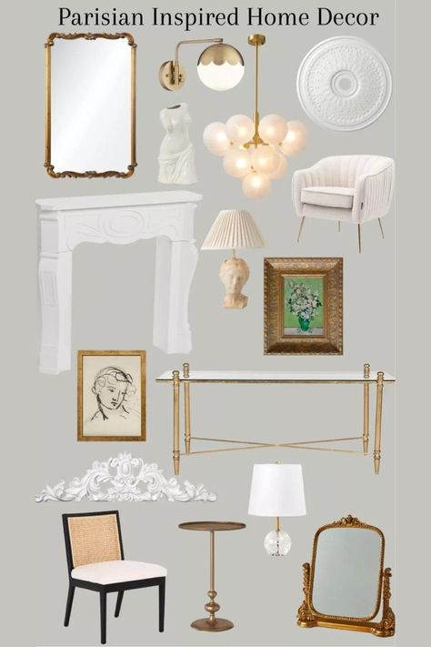 Add a touch of Parisian elegance to your home with this beautiful decor! This stylish look features gold accents throughout, such as a side table, wall hangings, a gold mirror, a chandelier, and a sconce. Bring the feel of the City of Love right into your home with this Parisian-inspired take on interior decor. Neutral Art Deco Living Room, Calming Interior Paint Colors, French Parisian Living Room, Modern French Bedroom Decor, Baroque Decor Modern, Parisian Modern Bedroom, Modern Romantic Decor, Modern Parisian Living Room, Parisian Chic Interior Design