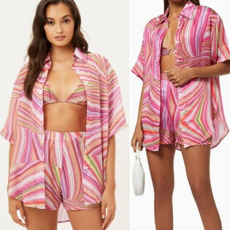 New With Tags. Shirt Size Medium. Shorts Size Large. Cutest Set! Can Wear With Swimwear Or On Its Own! Never Been Worn. Bikinis Pink, Style Button Up Shirt, Eyelet Shirt, One Piece Clothing, Beach Attire, Multi Color Blouse, Frankies Bikinis, Swim Shirts, Boyfriend Style