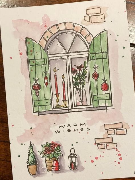 Christmas Card Design Watercolor, Watercolor Xmas Card Ideas, Aquarelle Christmas Card, Watercolor Fireplace, Christmas Card Aquarell, Christmas Aquarelle Card, Christmas Window Drawing, Aquarell Christmas, Christmas Cards Drawing