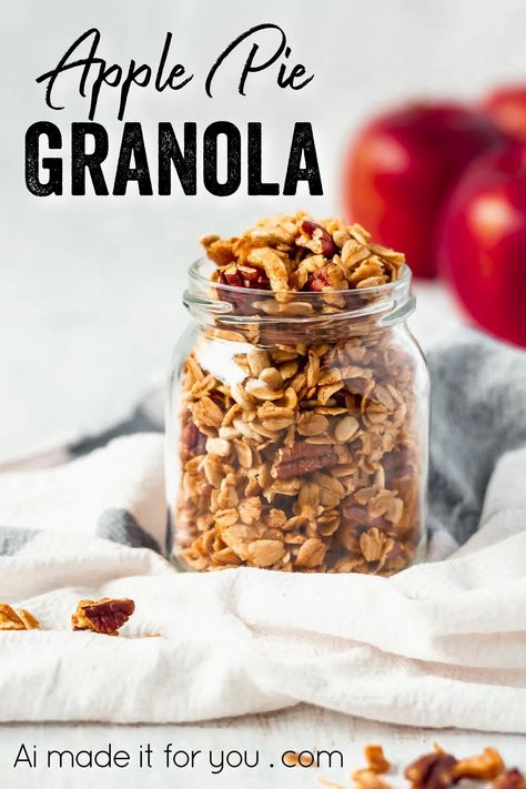 A fun twist on classic granola by adding apples and apple pie spice! A healthy breakfast while enjoying the comforting flavors of apple pie! #applepiegranola #cinnamonapplegranola #applegranola #homemadegranola #healthygranola Low Calorie Breakfast, Apple Pie Granola, Granola Oats, Incredible Desserts, Apple Granola, Homemade Apple Pie, Breakfast Goodies, Apple Pie Spice, Quick Breakfast Recipes