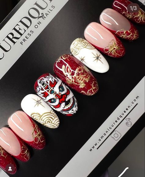 Lunar New Year Nails, Nails Asian, New Year Nails, Red And Gold Nails, Dragon Nails, New Years Nail Art, 3d Nail Art Designs, New Years Nail Designs, Asian Nails