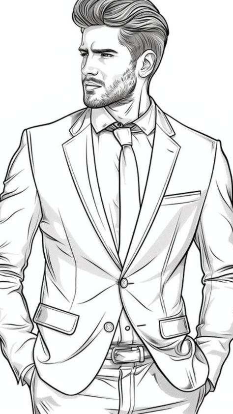 People Coloring Pages, Fashion Coloring Book, Man In A Suit, Man Sketch, Body Sketches, Being A Woman, Human Drawing, Boy Drawing, Relaxing Colors