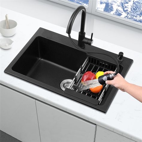 Small Sink For Kitchen, Black Sink White Kitchen, Indian Kitchen Sink Design, Black Sink White Counter, Quartz Sink Kitchen, Granite Sink Kitchen, Big Kitchen Sink, Overmount Kitchen Sink, Black Sink Kitchen