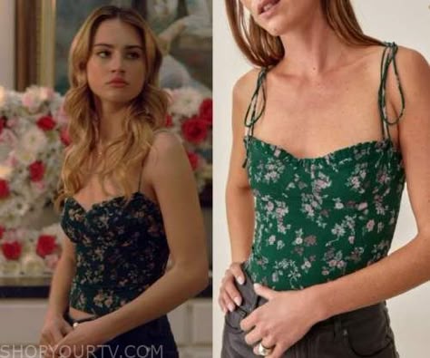 Tell Me Lies: Season 1 Episode 2 Lucy's Green Floral Bustier Top Green Floral Top Outfit, Tell Me Lies Outfits, Tell Me Lies Lucy Outfits, Lucy Tell Me Lies Outfits, Fitted Green Top With Floral Embroidery, Lucy Albright Outfits, Fitted Green Embroidered Top With Floral Detail, Lucy Tell Me Lies, Fairy Tail Lucy Zodiac Outfits