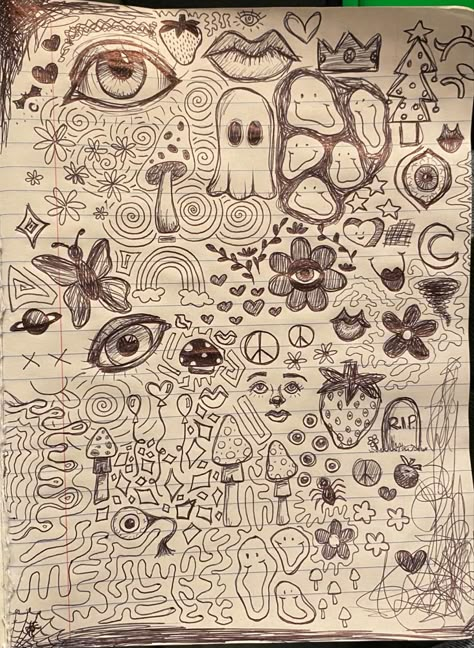 Doodle inspo <3 Aesthetic Notebook Doodles, Doodle Pages Sketchbooks Grunge, Sketchbook Page Ideas Easy, Pretty Journal Pages Doodles, Big Doodle Art, Duddle Arts, Doodle Poster Design, Grunge Doodles Journals, Drawing Collage Doodles