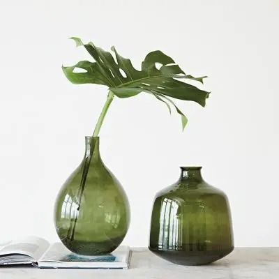 IN DEEP BLOOM | Shop Sales Events Antique Farmhouse Glass Vase Styling, Mid Century Modern Vase, Green Glass Decor, Green Objects, Transparent Texture, Round Glass Vase, Beautiful Vases, Boho Scandinavian, Green Glass Bottles