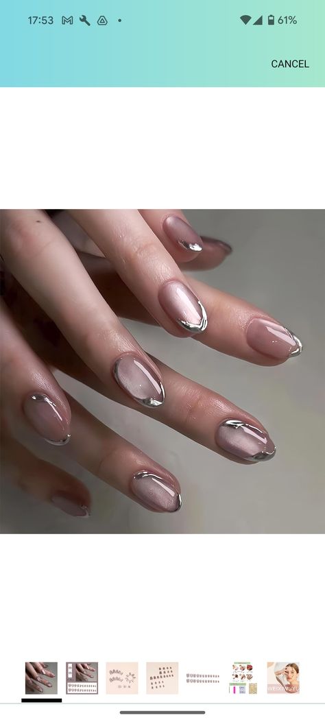 Silver French Tips, French Tips Acrylic, Oval Fake Nails, Nails With Silver, Nails Oval, Hard Gel Nails, Minimal Nails Art, Nails Glossy, Short Fake Nails