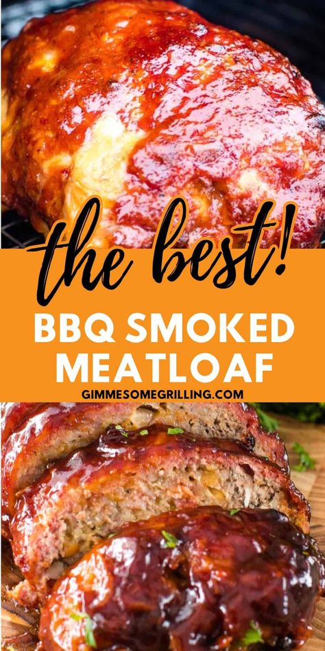 Cheesy BBQ Smoked Meatloaf is full of smokey flavor, BBQ sauce and cheese. This is an easy smoked meatloaf loaded with flavor. The best easy dinner on your electric smoker. Cheese Stuffed Smoked Meatloaf, Meatloaf In The Smoker, Cooking On A Smoker, Smoked Bbq Meatloaf, Pellet Grill Meatloaf Recipes, Meat On The Smoker, Recipes On The Smoker, Food On Smoker, Meatloaf On The Smoker