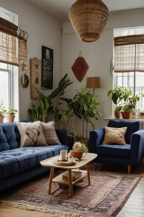 Blue Couch Living Room Ideas Boho, Small Living Room Blue Couch, Boho Blue Couch, Boho Living Room Navy Couch, Blue Couch Boho Living Room, Vintage Blue Couch Living Room, Boho Living Room Blue Couch, Blue Boho Living Room, Blue Sofa Living