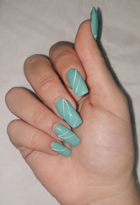 Simple design light blue turquoise nails with white lines Light Blue Nails With Design Summer, Light Turquoise Nails, Blue Turquoise Nails, Nails With White Lines, Nails With White, Light Blue Nails, Turquoise Nails, One Color Nails, Color Nails