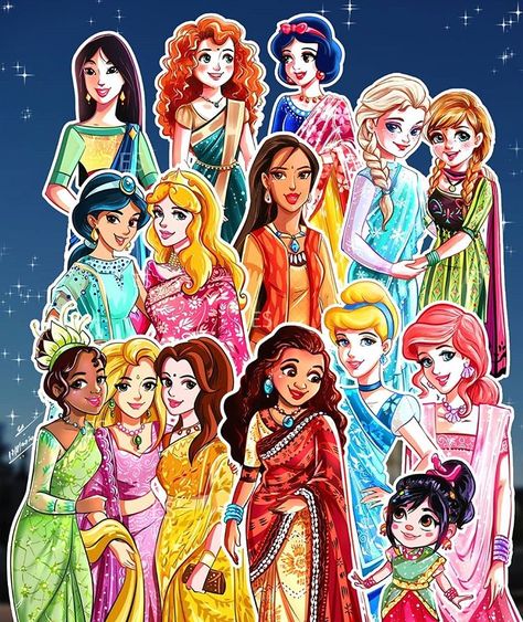 DISNEY PRINCESSES IN INDIAN ATTIRE Desi Attire, Disney Movie Characters, Disney Princess Artwork, Disney Princess Quotes, Cute Disney Drawings, Dance Paintings, Twisted Disney, Disney Princess Drawings, Disney Artwork