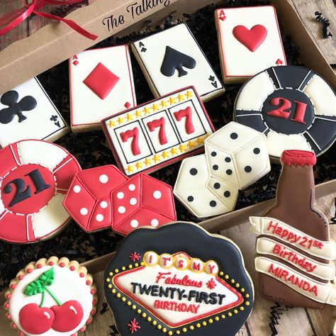 It was a 21st birthday celebration in Vegas 🍾🎰. I should have offered to deliver these personally 😜. #thetalkingcookies… Casino First Birthday, Vegas 21st Birthday Ideas Theme Parties, Vegas Themed 21st Birthday Party, Vegas 21st Birthday Ideas, 21st Vegas Birthday Ideas, Casino 21st Birthday Party, 21st Birthday Casino Theme, 21st Birthday Cookies For Guys, 21st Birthday Ideas For Guys Decorations