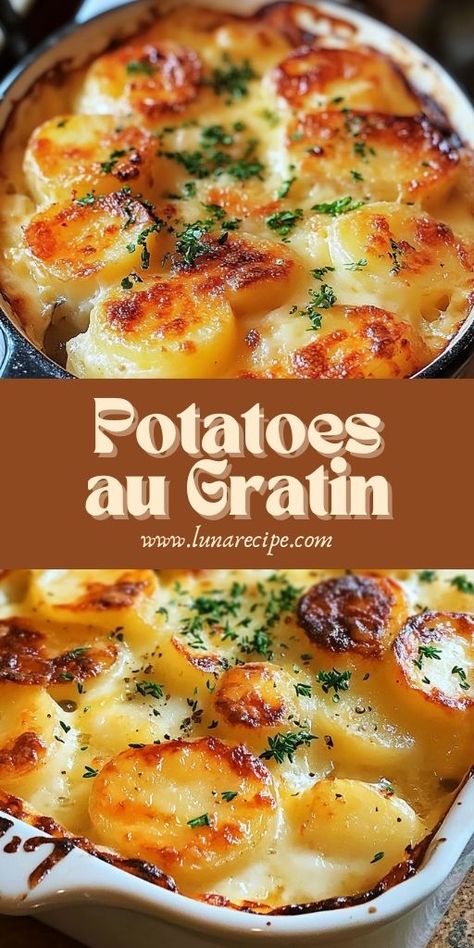 Potatoes au Gratin is sure to be a crowd-pleaser, bringing warmth and flavor to your table! 🥔🧀 Layers of thinly sliced potatoes baked with creamy cheese and a golden crust make this dish perfect for holiday meals, potlucks, or cozy family dinners. It’s rich, savory, and always a hit!  📌 Save this pin to serve cheesy, comforting Potatoes au Gratin for your next gathering! #PotatoesAuGratin #ComfortFood #HolidayRecipes #CheesyGoodness #EasySideDishes #FamilyFavorites Au Gratin Potatoes Baked, Dinner With Golden Potatoes, Au Potatoes Gratin, Any Gratin Potatoes, Cheesy Augratin Potatoes, Mandolin Sliced Potatoes, Recipe For Au Gratin Potatoes, Au Gratin Scalloped Potatoes, Simple Au Gratin Potatoes