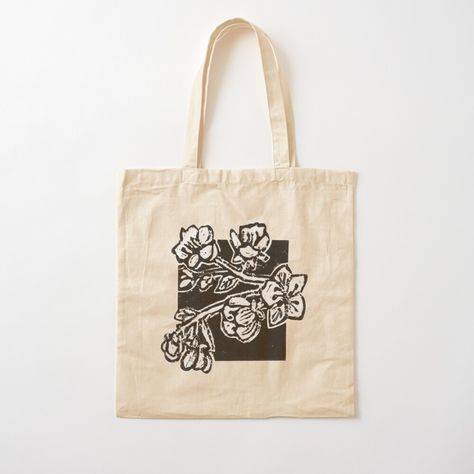 Tote Bag Print Design, Flower Tote Bag, Linocut Tote Bag, Lino Print Tote Bag, Lino Print Flowers Design, Tote Bag Flower Design, Tot Bag Flowers, Artistic Hand Printed Tote Bag, White Botanical Tote Bag