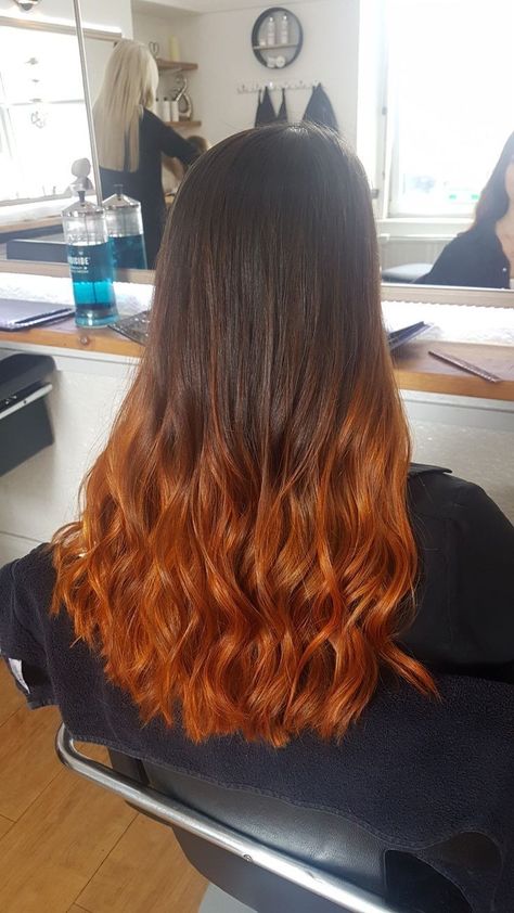 Cooper Red Balayage, Cooper Ombre Hair, Brunette Ginger Balayage, Brunette To Ginger, Cooper Balayage Hair, Cooper Balayage Brunettes, Ginger Balayage, Orange Ombre Hair, Balyage Long Hair