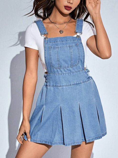 SHEIN EZwear Patched Pocket Pleated Hem Overall Denim Dress Without Tee | SHEIN USA Overall Denim Dress, Jean Overall Dress, Denim Dungaree, Womens Denim Dress, Overall Dress, Dungarees, Pleated Dress, Ruffle Trim, Denim Women