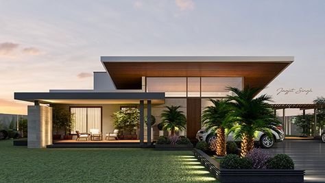 Center House on Behance Contemporary Bungalow, Modern Bungalow House Design, Home Designs Exterior, One Storey House, Contemporary House Exterior, Modern Contemporary Homes, Modern Bungalow House, Modern House Facades, Bungalow Design