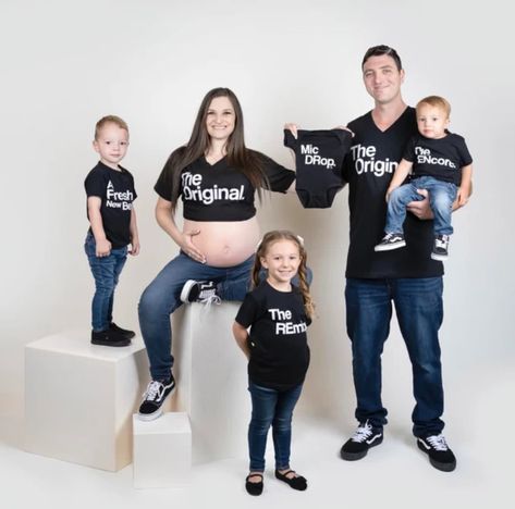 The Original The Remix The Encore® matching family set shown with tri-blend black shirts. These amazingly soft tees are perfect for family vacations, family photo shoots, baby shower gifts, adoption celebration, and the cutest most unique pregnancy and birth announcements!  WHEN WILL MY ORDER SHIP?: * Our processing time is 7-10 business days, unless stated otherwise in the listing. This is time allotted to process before shipping. Choosing priority or overnight options DOES NOT rush order for n Matching Hospital Outfits For Family, Family Get Together Outfit, Black Outfit Family Photoshoot, All Black Family Photoshoot Outfits, Family Baby Announcement, Adoption Celebration, Matching Family T Shirts, T Shirts Cute, Matching Clothing