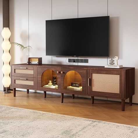 Amazon.com: Merax Rattan TV Stand with LED Lights, 70" Entertainment Center with 3 Cabinets & 2 Drawers Media Console Table for TVs Up to 80", Solid Wood Feet, Living Room, Bedroom Furniture : Home & Kitchen Rattan Tv Stand, Plateau Tv, Tv Stand With Led Lights, Media Console Table, Led Tv Stand, Tv Stand Cabinet, Tv Entertainment Units, Living Room Cabinets, Entertainment Furniture