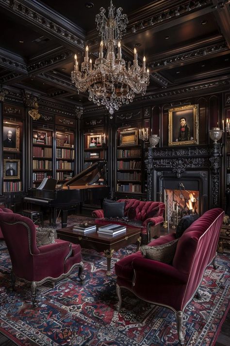 29 Dark Academia Decor Ideas to Enrich Your Home with Scholarly Charm 7 Dark Academia Piano Room, Gothic Music Room, Dark Victorian Aesthetic Living Room, Dark Manor Interior, Gothic Rich Aesthetic, Black Piano Decor, Dark Academia Home Aesthetic, Dark Cozy Home, Cozy Dark Academia