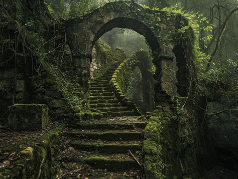 Dark Ruins Aesthetic, Overgrown Castle Aesthetic, Forest Temple Art, Creepy Garden Aesthetic, Ruins In The Forest, House Of Roots And Ruin, Ancient Forest Aesthetic, Mossy Castle, Abandoned Kingdom