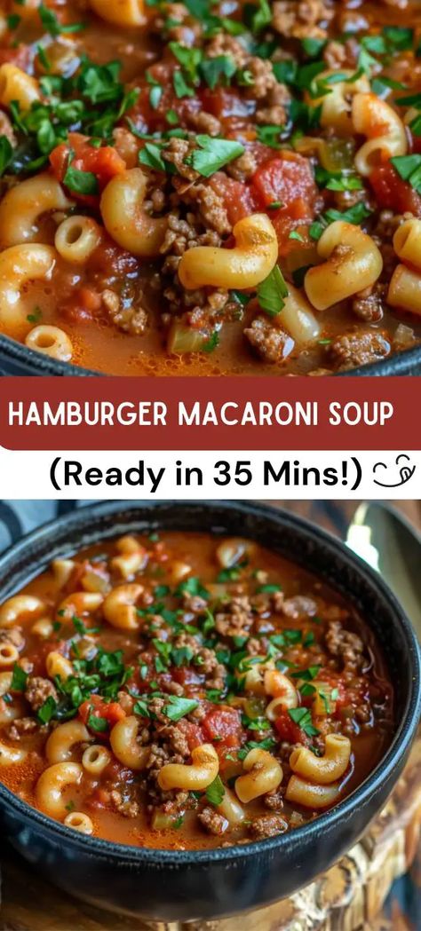 Hamburger Macaroni Soup Recipe (Ready in 35 Mins!) Hamburger Macaroni Soup, Hamburger Macaroni, Macaroni Soup Recipes, Recipes Using Hamburger, Easy Hamburger Soup, Beef Macaroni, Hamburger Vegetable Soup, Ground Turkey Soup, Hamburger Stew