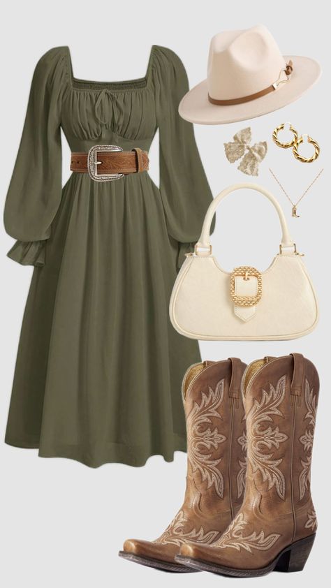 #green #olivegreen #western #countrygirl #country #dress #cowboyboots #cowgirl #churchoutfit #summer #falloutfit #outfitideas #modestfashion #outfit #modesty #hat Western Cowgirl Dresses, Kentucky Outfit For Women, White Country Outfits Women, Cowgirl Style Dresses, Simple Western Dresses Outfit, Old Country Outfits Women, Outfit Ideas For Cowgirl Boots, Rodeo Outfits Modest, Dressy Casual Western Outfits