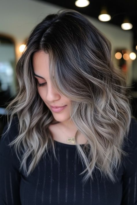 Dark Brown To Cool Blonde Balayage, Brunette Hair White Highlights, Blonde Tones For Brunettes, Toned Down Balayage, Ash Brown Hair Balayage Blonde, End Of Summer Hair Color, Ash Blonde Hair Balayage Brunettes, Cool Tone Dark Blonde Hair, Ash Grey Balayage Brunettes