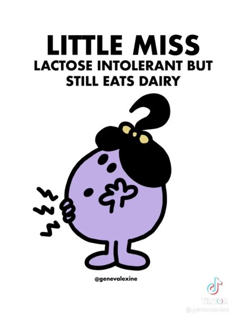 Lactose Intolerant Funny, Little Miss Characters, Lactose Intolerance, Little Miss Sunshine, Lactose Intolerant, Gemini Facts, Brain Dump, Cartoon Profile Pics, Really Funny Memes