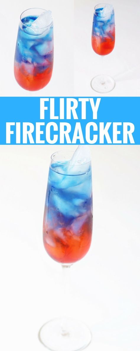 Flirty Firecracker Cocktail - 4th of July - Patriotic Drink - Communikait by Kait Hanson #patriotic #cocktail #recipe #4thofJuly #fourthofjuly #drink #layeredcocktail Patriotic Drinks, Fourth Of July Drinks, Patriotic Cocktails, 4th Of July Cocktails, Champagne Drinks, Alcholic Drinks, Yummy Alcoholic Drinks, Fourth Of July Food, Themed Drinks