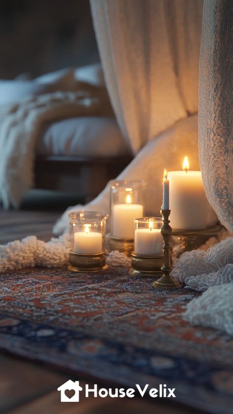 Candlelit Nooks Updated Romantic Candles Aesthetic, Candles Aesthetic Bedroom, Velas Aesthetic, Moody Romantic Bedroom, Candlelit Room, Jewel Tones Palette, Moody Bedroom Ideas, Romantic Bedroom Ideas, Romantic Interior