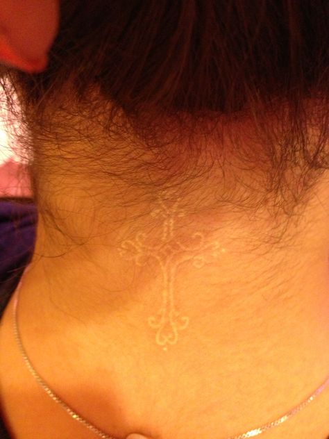 White Cross Tattoo on neck. So easily hidden and classier than black ink! White Cross Tattoo, White Tattoo Cross, Cross Neck Tattoo, Cross Tattoo Neck, Neck Tattoos For Men, Small Face Tattoos, Tattoo On Neck, Small Geometric Tattoo, Small Henna Tattoos