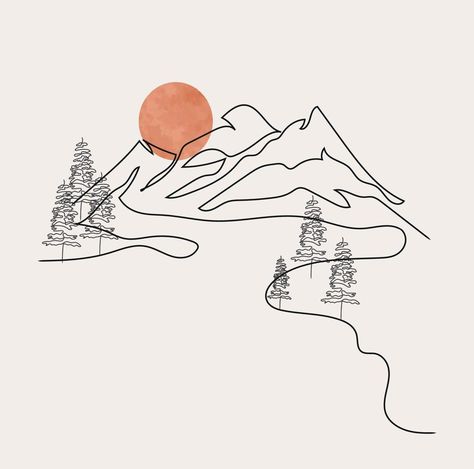 Minimalist Mountain Line Art, Landscape Outline Drawing, Sport Illustration, Vector Design, Nature, Pine Tree, Woods, Sunrise, Sunset, Beautiful View, Forest Landscape Outline, Line Art Landscape, Mountain Line Art, Sunrise Drawing, Mountain Outline, Deadpool Artwork, Drawing Sunset, Forest Logo, Minimalist Mountain