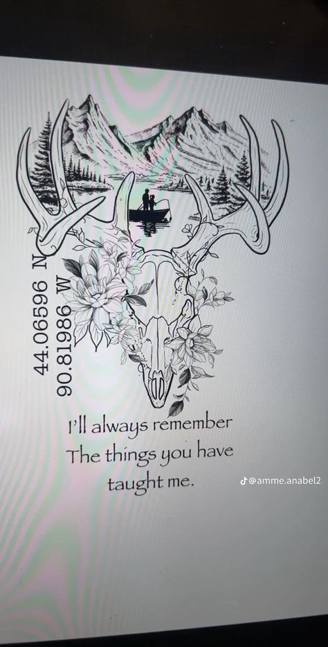 Men Tattoo Ideas Calf, Sleeve Tattoos For Women Outdoors, Flower Intertwined Tattoo, Cowgirl Memorial Tattoo, Deer Hunting Memorial Tattoos, Mens Duck Hunting Tattoos, Western In Memory Tattoos, Small Deer Skull Tattoo, Feminine Cow Skull Tattoo