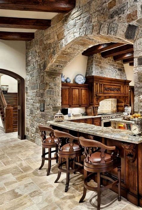 So you have always wanted to build a rustic dream home, perhaps out in the wilderness somewhere, or you just want a simple home to complement your simple lifestyle.Many homes reflect the region or terrain in which they are built, or at the very least, are more common in certain terrains. The rustic Spanish Style Kitchen, English Manor Houses, Rustic Kitchen Cabinets, Dream Kitchens Design, Tuscan Design, Tuscan Kitchen, Mediterranean Home Decor, Rustic Kitchen Design, Mediterranean Home