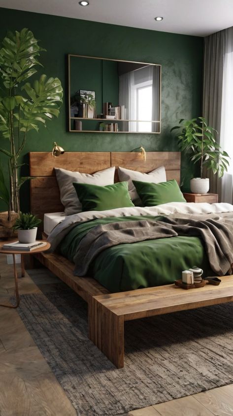 Interior Design Green Bedroom, Modern Earth Tone Bedroom, Green And Oak Bedroom, Mens Bed Ideas, Green Bedroom Dark Wood, Bedroom Dark Green Accent Wall, Green And Walnut Bedroom, Green Nature Bedroom, Dark Wooden Bedroom Ideas