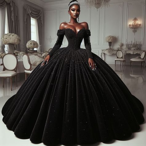 Black Puffy Dress Ball Gowns, Black Puffy Wedding Dress, How To Make A Ball Gown Skirt, Black Ball Gown Elegant, Black Ball Gown Wedding Dress, Puffy Gown, Different Prom Dresses, Black Ball Dress, Black Princess Dress