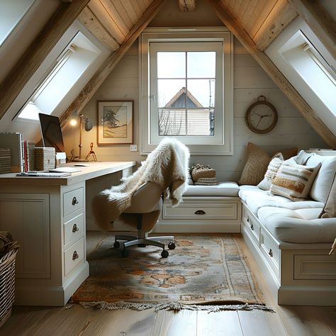 Angled Ceiling Craft Room, Home Office Ideas Attic, Tiny Office With Window, Loft Spaces Upstairs Office, Attic Lounge Room, Attic Hang Out Space, Attic Homeschool Room, Cozy Attic Office, Attic Art Room