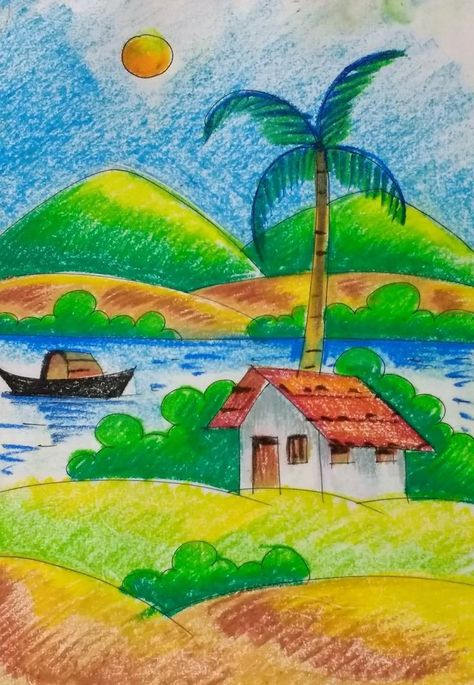 Easy Shading Drawing For Kids, Simple Scenery Drawing For Kids, Oil Pastel Drawings Easy Scenery, Oil Pastel Landscape Easy, Pastel Drawings Easy, Oil Pastel Drawings For Beginners, Scenery Oil Pastel, Landscape Drawing For Kids, Oil Pastel Scenery