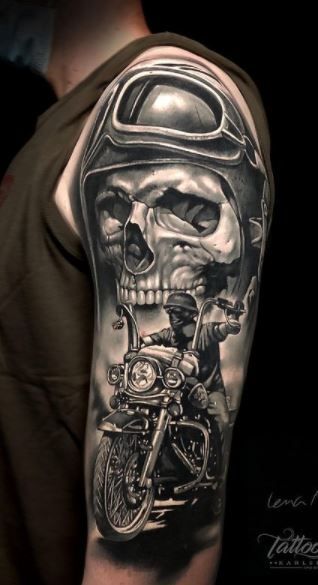 50 Badass Biker Tattoos - Designs, Ideas & Pictures - Tattoo Me Now Harley Skull Tattoo, Skull Motorcycle Tattoo, Biker Tattoos Designs, Harley Tattoo, Harley Tattoos, Motorcycle Tattoo, Skull Motorcycle, Helmet Tattoo, Harley Davidson Tattoos