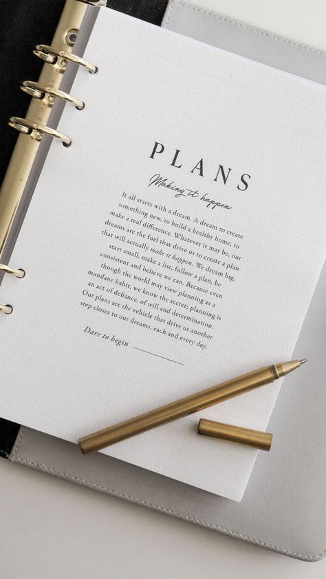 Printed on a deluxe sheer linen-look paper, the 'Plans' dashboard is the ideal minimal planner accessory to add to the front of your A5 or personal planner for an instant touch of elegance. Perfect for slotting into your Filofax or Louis Vuitton Agenda, it will serve as a subtle reminder to dream big each time you open your planner. 'Plans' Sheer Linen Planner Dashboard Planner Dashboard Details • 1 x A5 Size (210 x 148mm) or Personal Size (170mm x 95mm) dashboard • Printed on a sheer linen text Journal Planner Aesthetic, A5 Planner Dashboard, Planners Aesthetic, Printables Aesthetic, Planer Ideas, Planners Design, Planning Aesthetic, Diary Inspiration, Planner Pages Ideas