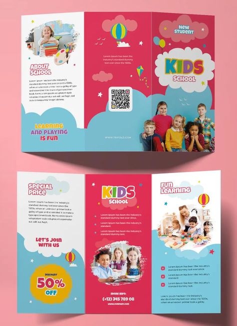 Kids School Trifold Brochure Template InDesign Daycare Brochure Ideas, School Brochure Design Ideas, Brochure Design For School, School Brochure Design Creative, Brochure Design Creative Graphics, Brochure Design Layout Creative, Kindergarten Brochure, Preschool Brochure, School Brochure Design