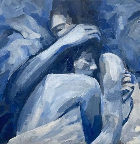 Longing For Something Unknown, Dark Blue Painting Aesthetic, Pain Artwork Paintings, Hug Painting Couple, Abstract Couple Art, Romantism Art Romanticism, Relationship Paintings, Abstract Romantic Art, Hugging Painting