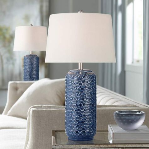 360 Lighting Waves 26 1/2" High Blue Ceramic Table Lamps Set of 2 - #7140G | Lamps Plus Coastal Modern Decor, Coastal Modern, Table Lamp Sets, Ceramic Base, Ceramic Lamp, Ceramic Table Lamps, Modern Table Lamp, Lamp Sets, Ceramic Table