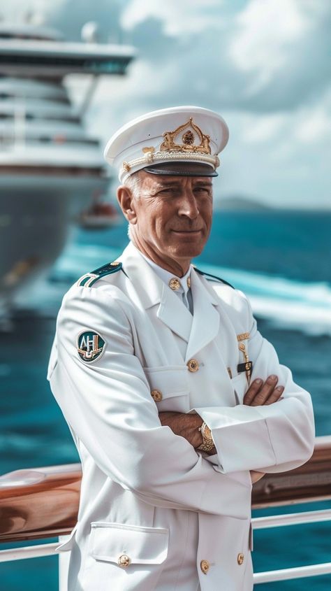 Captain at Sea: A proud ship's captain in full uniform stands thoughtfully on deck with the ocean behind. #captain #uniform #sea #ocean #ship #maritime #nautical #authority #aiart #aiphoto #stockcake https://ayr.app/l/8oqJ Captain Uniform, Ship Captain, Foodie Photography, Sea Captain, Boat Captain, Sea Ocean, Good American, Cruise Ship, The Ocean