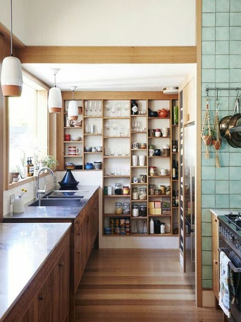 Kitchen Open Shelves, Open Pantry, Pantry Wall, Bohemian Kitchen, Open Kitchen Shelves, Melbourne House, Studio Interior, Cabin Ideas, Mobile Homes