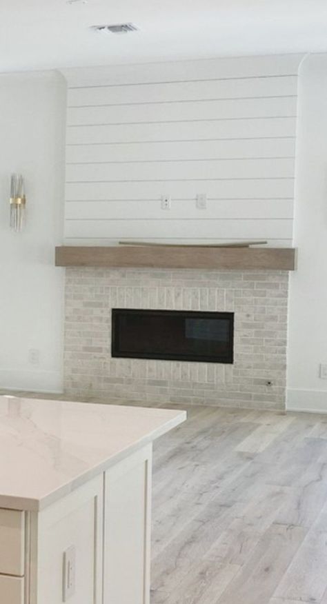 Half Stone Fireplace With Mantle, Fireplace Flush With Wall, Fireplace Without A Hearth, Shiplap And Stone Fireplace, Flat Fireplace Wall Ideas, Stone And Shiplap Fireplace, White Brick Fireplace, Bedroom Decoration Ideas, Brick Fireplace Makeover